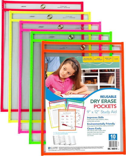 C-Line Reusable Dry Erase Pockets, 9 x 12 Inches, Assorted Neon Colors, 25 Pockets per Pack (40820)