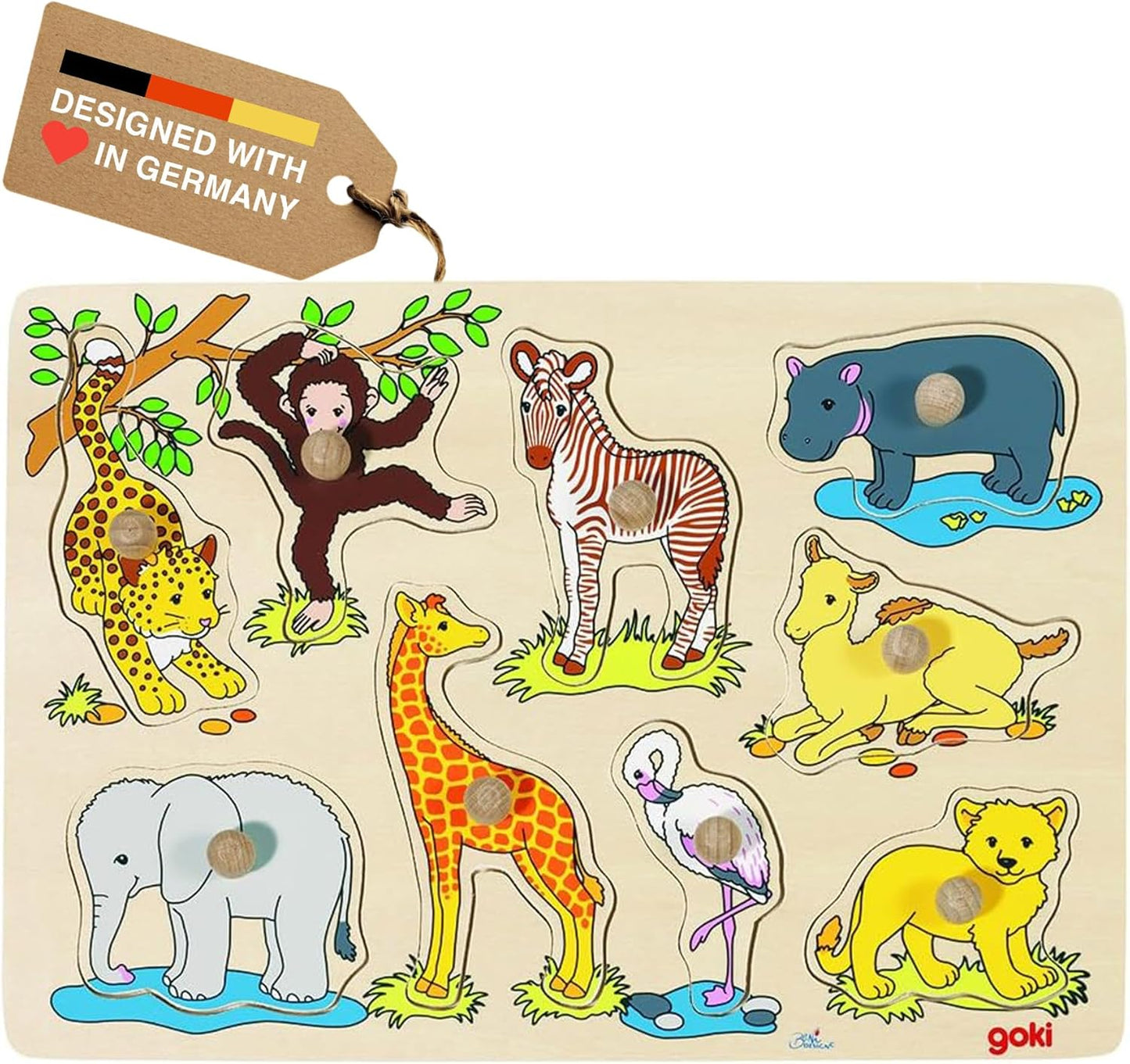 Goki Wooden Puzzles for Toddlers 1-3 I 1st Puzzle for 1+ Year Old I Safari Animal Toy with Large Knobs 9 pcs - Eco Friendly Wood Fine Motor Skills Toys - 1st Birthday Gift German Brand Quality