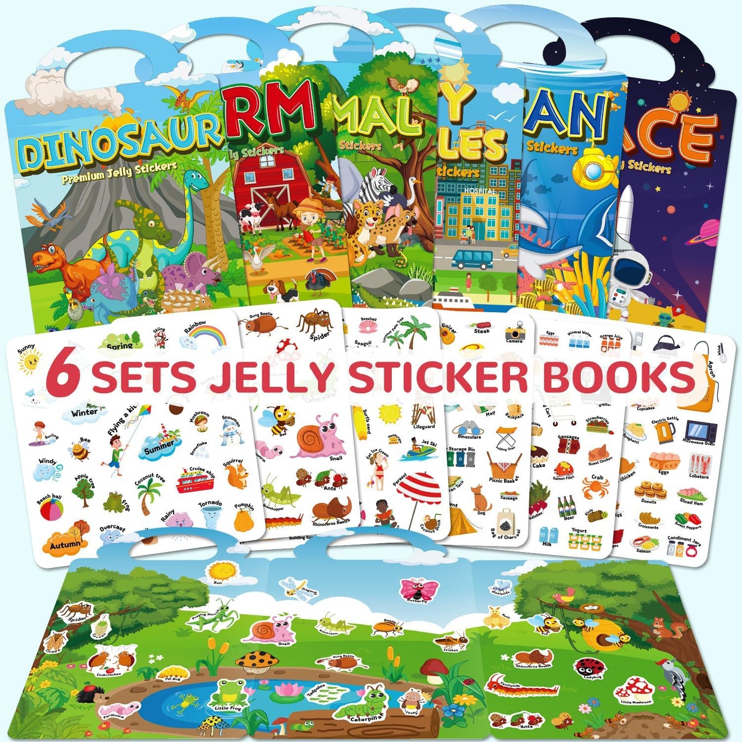 6 Sets Reusable Sticker Book for Toddlers 3-6, Jelly Sticker Books for Toddler, Travel Sticker Activity Toys for Kids 3 4 5 6 Years Old Girls & Boys