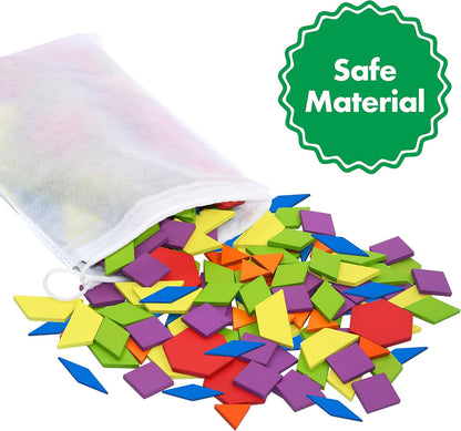 215 PCS Wooden Pattern Blocks Set, 24 Double-Sided Design Cards Pattern Building Shapes Educational Geometric Shape Puzzle Fun Tangram Montessori Learning Toys for Kids Ages 4-8 (A Storage Bag)