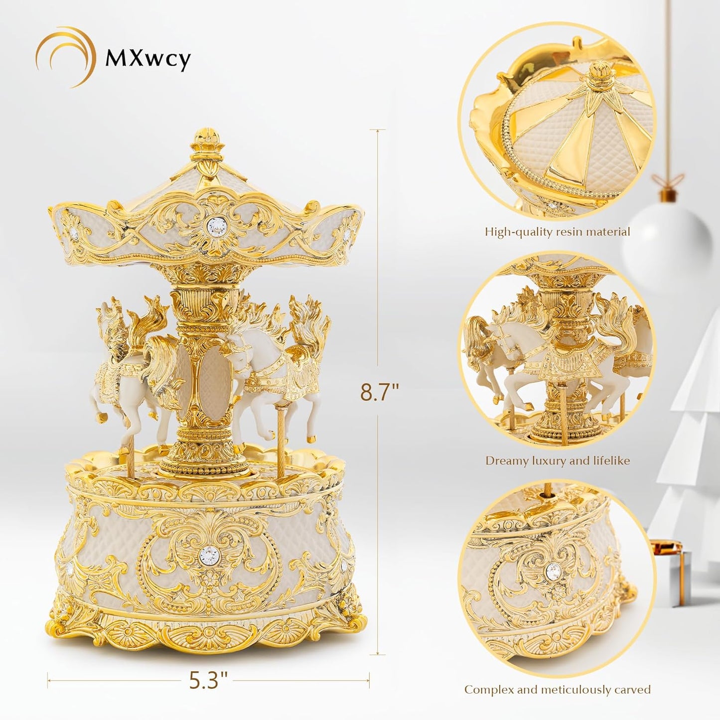 Carousel Music Box Gold & Ivory Christmas Snow Globes, 8.3" Rotate Carousel Snow Globe for Kids & Adults, Classic Wind up Musical Snow Globe Birthday Gifts for Women Girls, Carousel Horse Home Decor