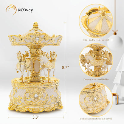 Carousel Music Box Gold & Ivory Christmas Snow Globes, 8.3" Rotate Carousel Snow Globe for Kids & Adults, Classic Wind up Musical Snow Globe Birthday Gifts for Women Girls, Carousel Horse Home Decor