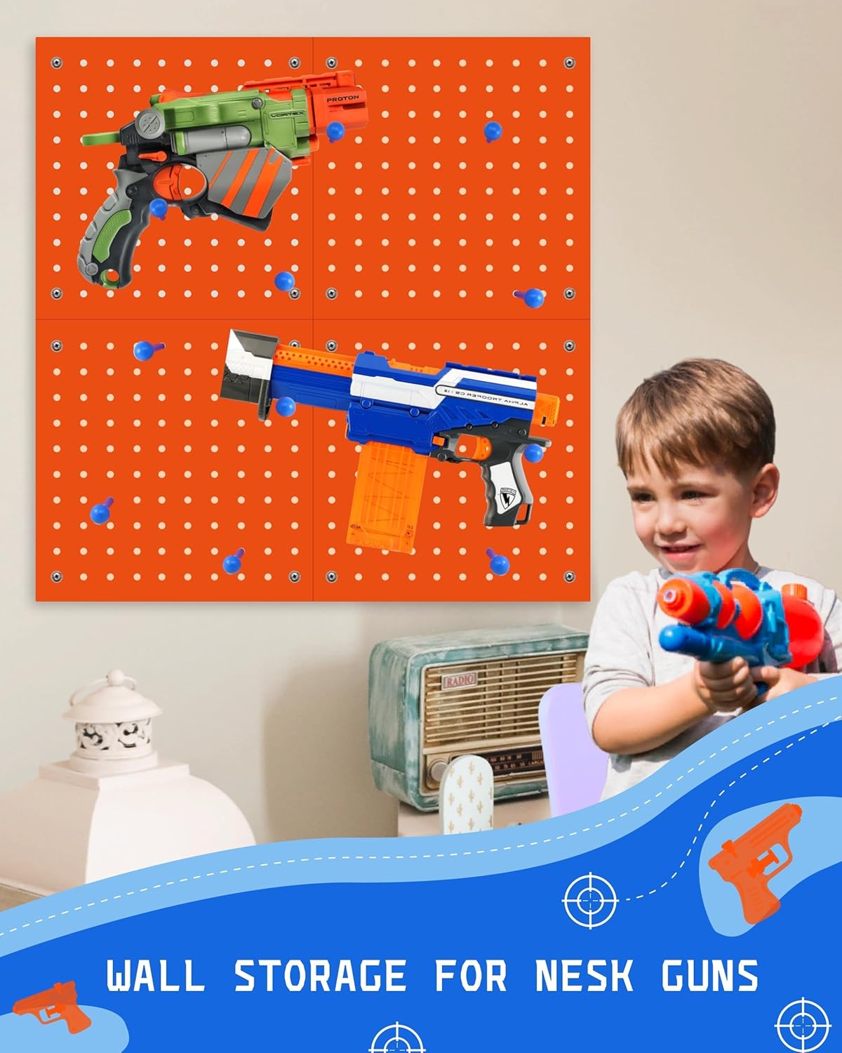 Skywin Wooden Pegboard for Nerf Gun Storage, Nerf Gun Wall Mount Eagle Shape, Compatible with All Blasters, Rack for Wall Organization - Birthday Gift for Kids (Orange)