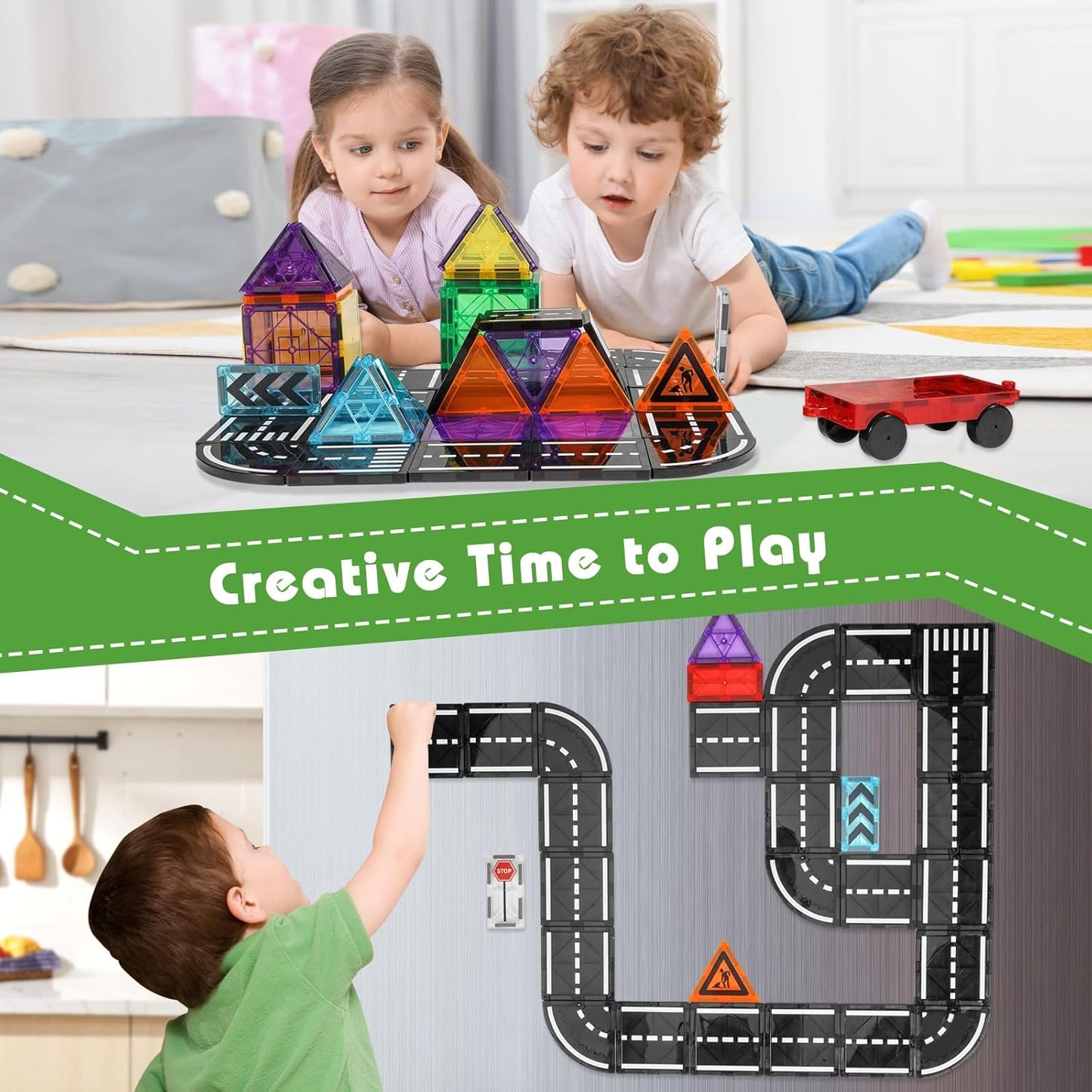 Magnetic Tiles Road Expansion Pack 48 PCS, Magnet Road Tiles for Kids Ages 3-5 4-8 5-7, Expansion Magnetic Building Blocks Educational STEM Creativity Toys 3+ Year Old Boys & Girls Toddlers Kids Gifts