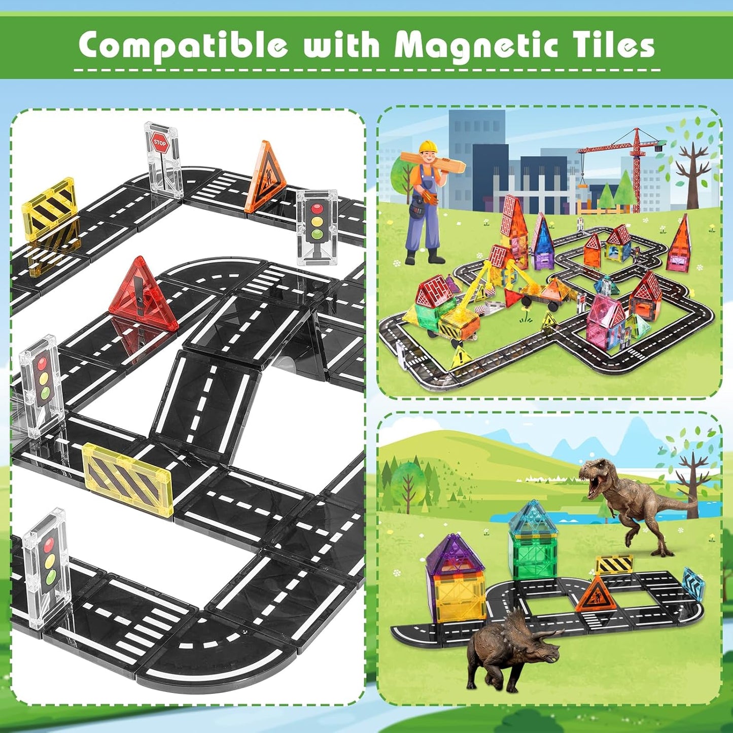 Magnetic Tiles Road Expansion Pack 48 PCS, Magnet Road Tiles for Kids Ages 3-5 4-8 5-7, Expansion Magnetic Building Blocks Educational STEM Creativity Toys 3+ Year Old Boys & Girls Toddlers Kids Gifts