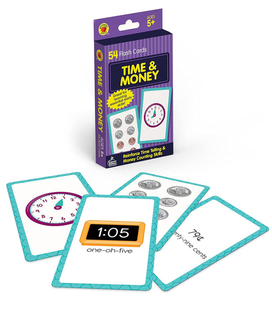 Carson Dellosa 54 Time and Money Flash Cards, Flashcards With Counting Currency and Analog and Digital Clock Practice, Kindergarten Learning Activities and Math Games for Kids 5-7