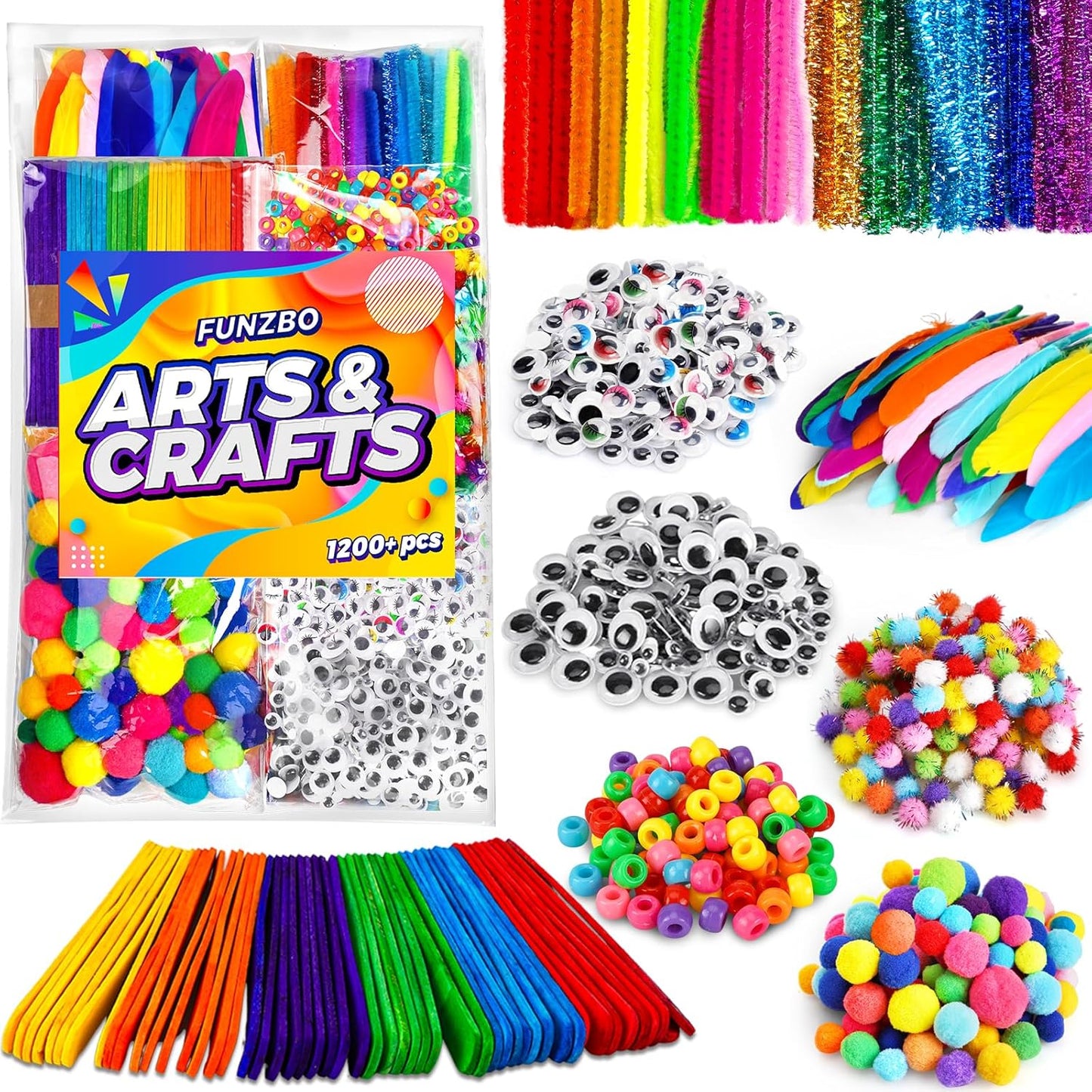 FUNZBO 2000Pcs+ Arts & Crafts Supplies Kits for Kids, DIY Craft Supplies for Toddlers Art Supply Tools Set Pipe Cleaners, Pom Poms and Feather, Birthday Gifts for Kid Girls Ages 4-8-12