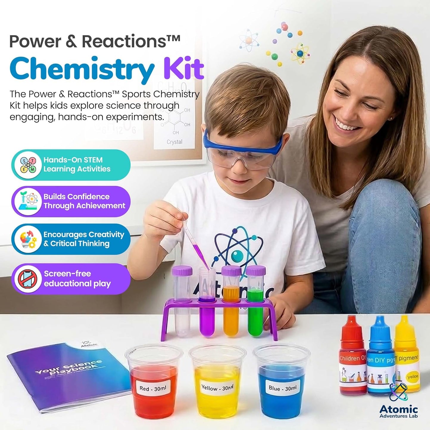 Power & Reactions Chemistry Kit - 40+ STEM Educational Science Experiments for Kids Ages 7-12 with Periodic Table Cards & All Tools, Hands-On Learning Activities for Boys & Girls