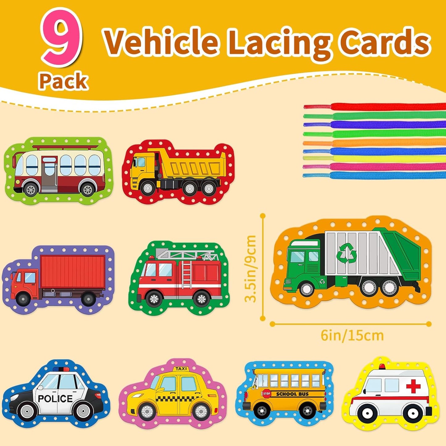 Vehicle Lacing Cards,Double Side Toddler Sewing Kit for Kids,Fine Motor Skills Toys,Shoe Tying Practice,Manipulatives for Preschoolers,Classroom Must Haves,Preschool Learning Activities
