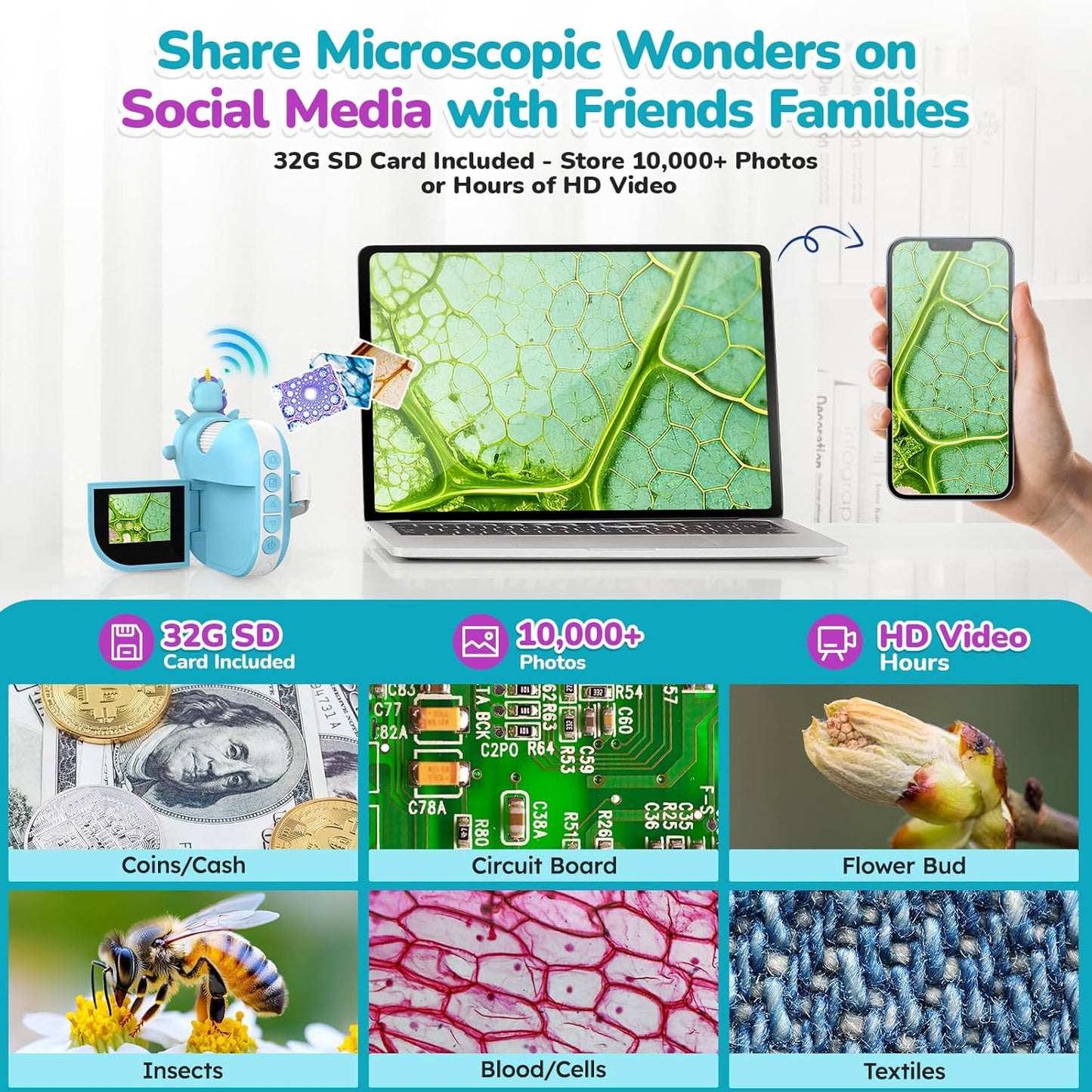 Digital Microscope for Kids Handheld Miniscope - 4K 2.0" Screen Rechargeable 1000X Mini Pocket Portable Magnifying Glass Edu Learning Science Toy Gift with Slides Kit 4-12 Children Students (Violet)