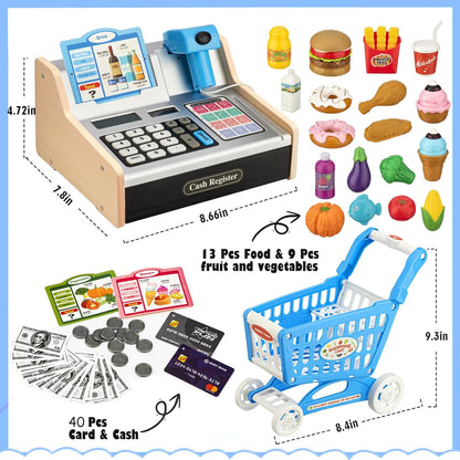 Wooden Cash Register for Kids with Shopping Cart Rechargeable Kid Cash Register with Scanner Gift for Kid Age 3 4 5 6 7 8 9 Year Old Pretend Play for Toddlers Toys for 3-12 Year Old Kids