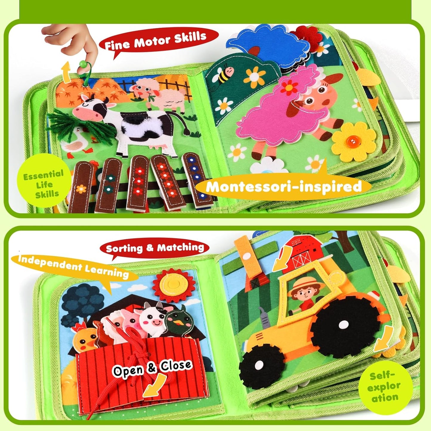 Busy Board for Toddler, Montessori Toys Farm Animals Busy Book for 2-4 Year Old Boy Girl, Quiet Activity Books Gift for Kid, Felt Busy Learning Toy for Toddlers, Car Airplane Travel Toys