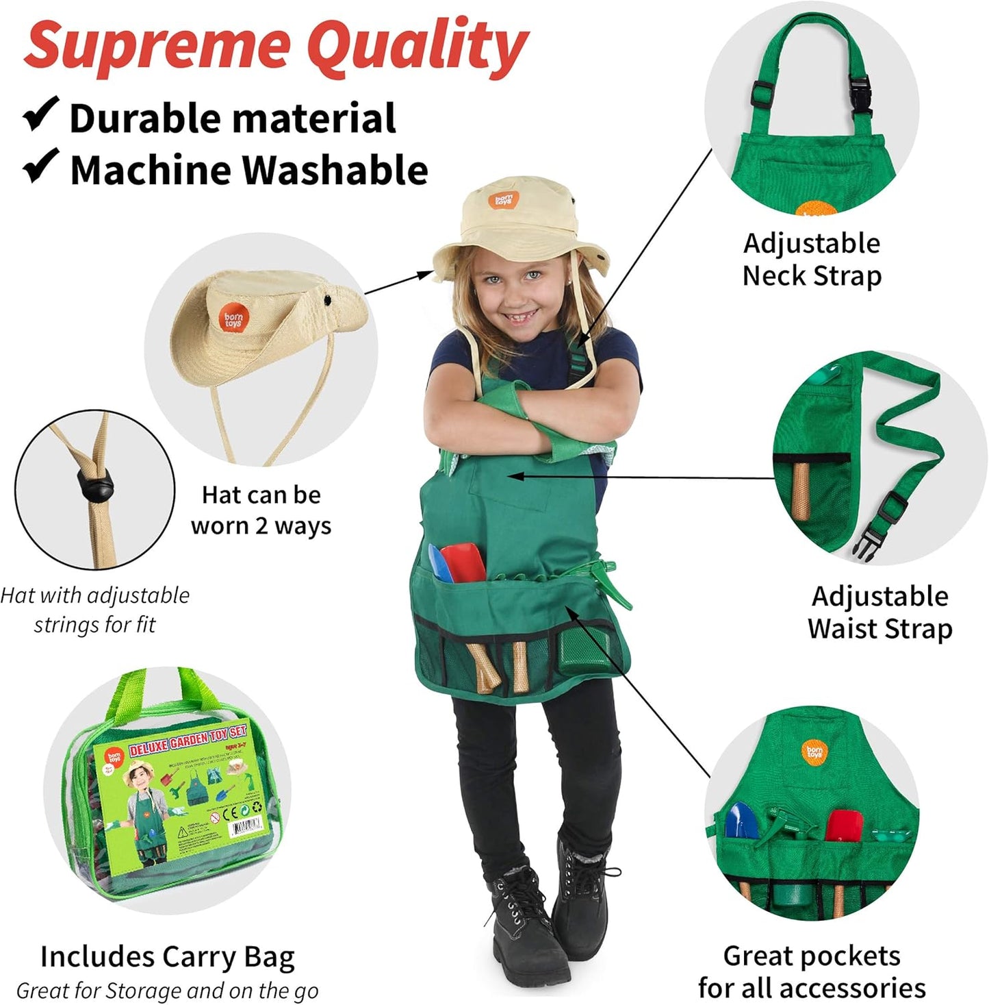 Born Toys Kids Garden Set for Boys & Girls Ages 3-7, Toddler Gardening Kit with Kids Gardening Tools - Gardening Apron, Gloves, Hat, Working Spray Bottle, Trowel Shovel & Rake, Outdoor Activity Toys