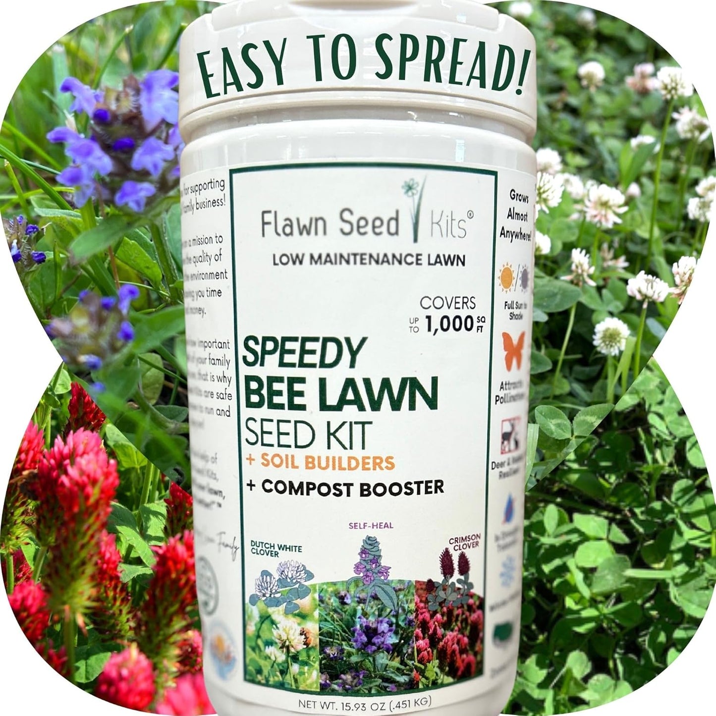 Flawn Seed Kits Speedy Bee Lawn, 500 SqFt, Dutch & Crimson Clover, Self-Heal, Easy to Spread, Low Maintenance, Pet, Kid, Eco-Friendly Regenerative