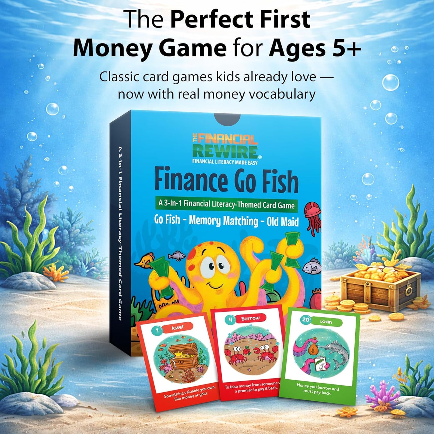 Finance Go Fish – 3-in-1 Financial Literacy Card Game for Kids Ages 5–12 | Go Fish, Memory & Old Maid | Educational Money Vocabulary Deck (Combo)