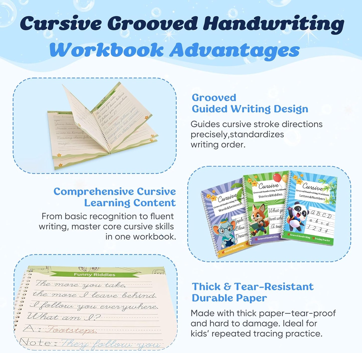 AALGO 3 Pack Cursive Handwriting Workbook,Reusable Cursive Handwriting Book,Cursive Writing Practice Book,Learning Cursive for Kids Grooved Words Letters Sentences Numbers