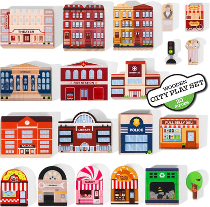 20 Pc Wooden City Play Set - Wooden Town Buildings and Street Signs for Play Mats, Toy Cars and Trains - Educational Preschool Track Accessories - Community Helpers Stacking Blocks Learning Toddler