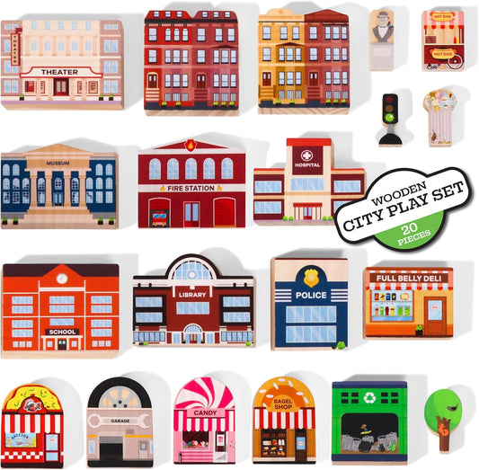 20 Pc Wooden City Play Set - Wooden Town Buildings and Street Signs for Play Mats, Toy Cars and Trains - Educational Preschool Track Accessories - Community Helpers Stacking Blocks Learning Toddler