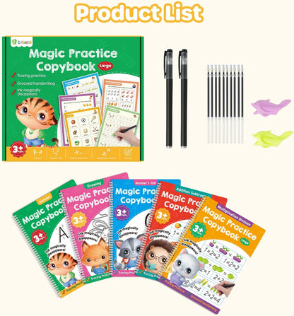 Large Magic Grooved Practice Copybook 5 Pack with Pens, Reusable Children's Magic Copybooks, Magical Handwriting Workbooks Number Letter Tracing for Kids Age 3-8 Kindergarten Preschool Calligraphy