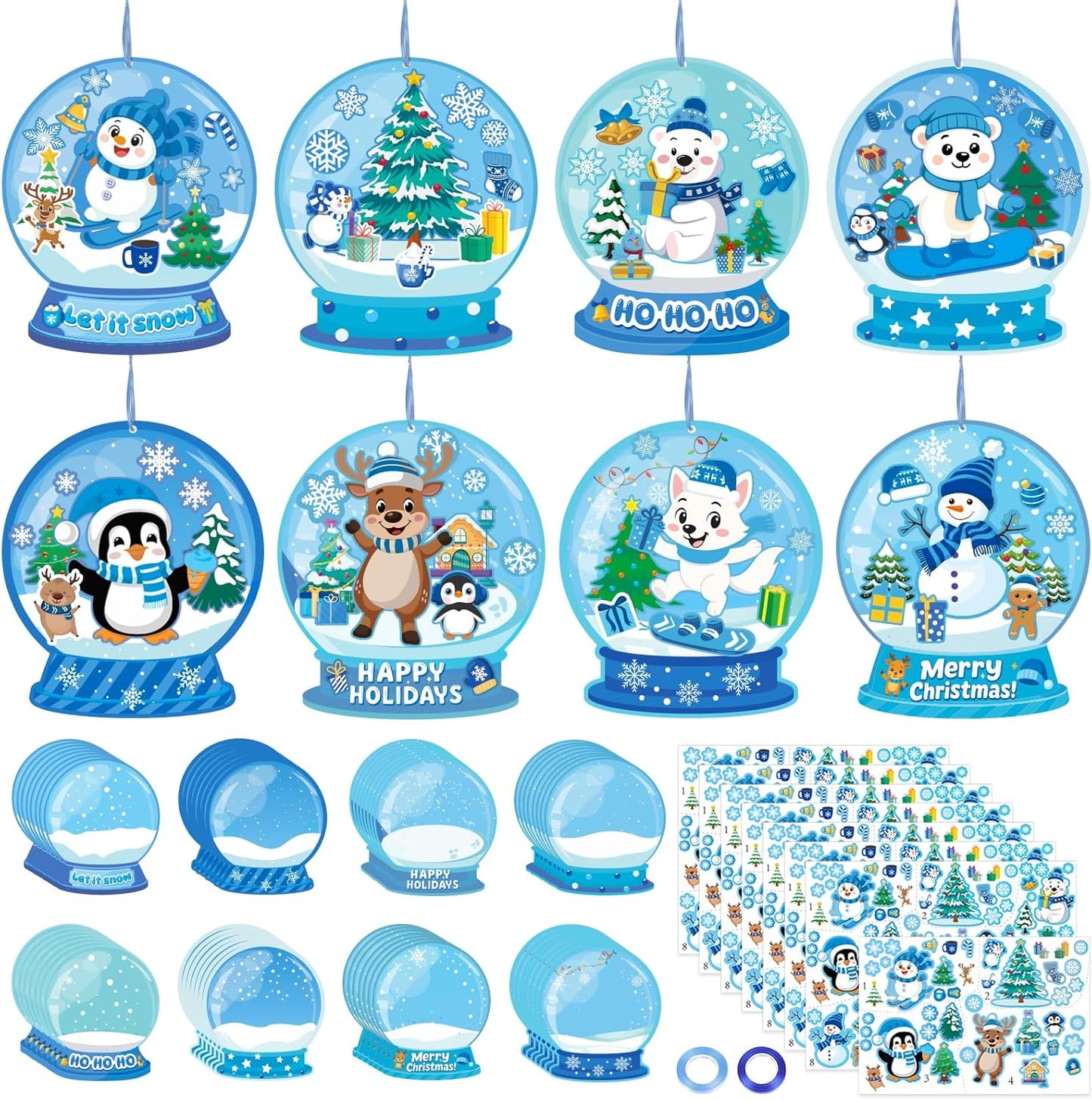 60Pcs Winter Craft Snow Globe Kit for Kids - DIY Polar Animals Stickers Make Your Own Hanging Ornaments Bulk for Christmas Holiday Party Favors
