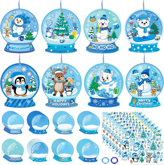 60Pcs Winter Craft Snow Globe Kit for Kids - DIY Polar Animals Stickers Make Your Own Hanging Ornaments Bulk for Christmas Holiday Party Favors
