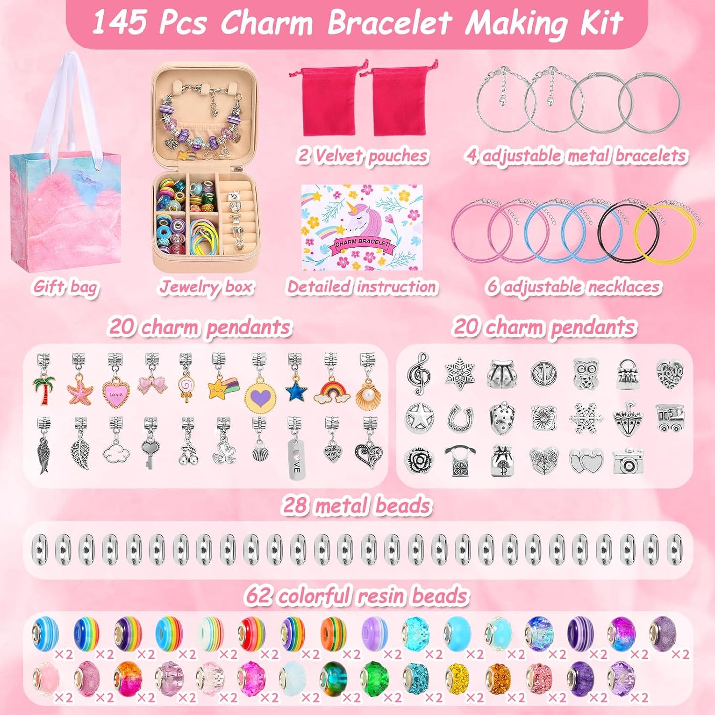 LifeisLuck Charm Bracelet Making Kit, 140 PCS DIY Craft Bead Sets Jewelry Making Kit, Portable Bracelet Organizer Gift Box for Teenage Birthday Christmas Stocking White Elephant Gift Exhange