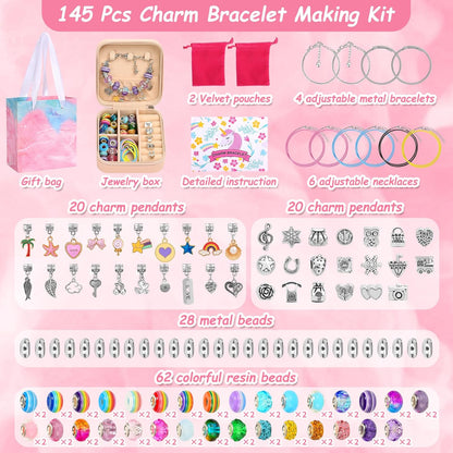 LifeisLuck Charm Bracelet Making Kit, 140 PCS DIY Craft Bead Sets Jewelry Making Kit, Portable Bracelet Organizer Gift Box for Teenage Birthday Christmas Stocking White Elephant Gift Exhange