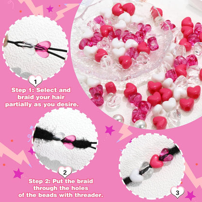 88PCS Pink White Hair Beads for Braids Lovely Heart Shape Loc Dreadlock Valentine's Day Bead Accessories Cute Acrylic Small Pony Beads for Kids Girls