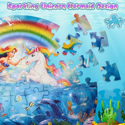 Soulchen 23 Inch Unicorn Mermaid Jigsaw Puzzles, 70 Piece Large Round Floor Puzzle for Kids Ages 4-8, Educational Preschool Learning Toys, Birthday Gifts for Girls 3 4 5 6 7 8 Years Old
