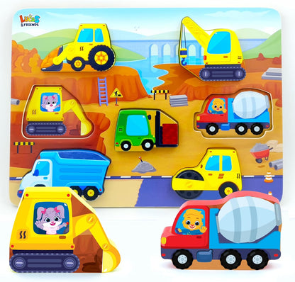 Lucas & Friends Wooden Construction Vehicle Peg Puzzle for Toddlers 2-4, 7-Piece Montessori Matching Board, Extra-Thick Easy-Grip Trucks,Preschool Learning Toy - 12”x 9”