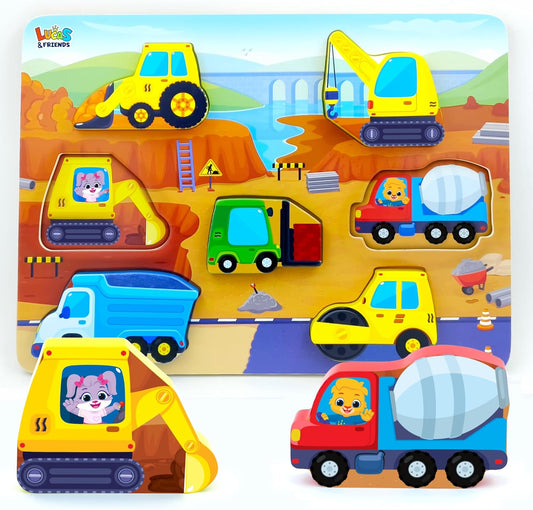 Lucas & Friends Wooden Construction Vehicle Peg Puzzle for Toddlers 2-4, 7-Piece Montessori Matching Board, Extra-Thick Easy-Grip Trucks,Preschool Learning Toy - 12”x 9”