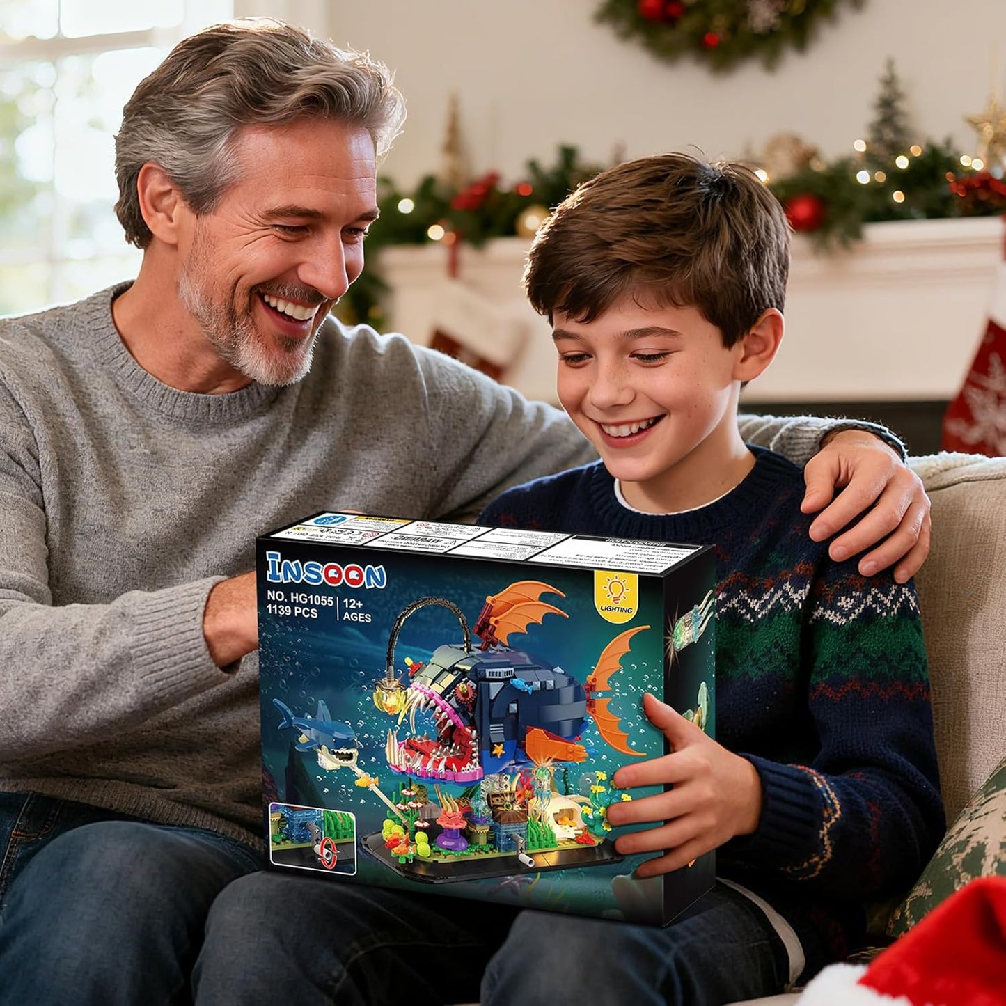 INSOON Mechanical Angler Fish Building Set with Lights, Movable Lantern Fish Building Blocks Toy with Shark Jellyfish, 1139 PCS Ocean Animal Building Kit, Home Decor Gift for Adults Teens Boys 12+