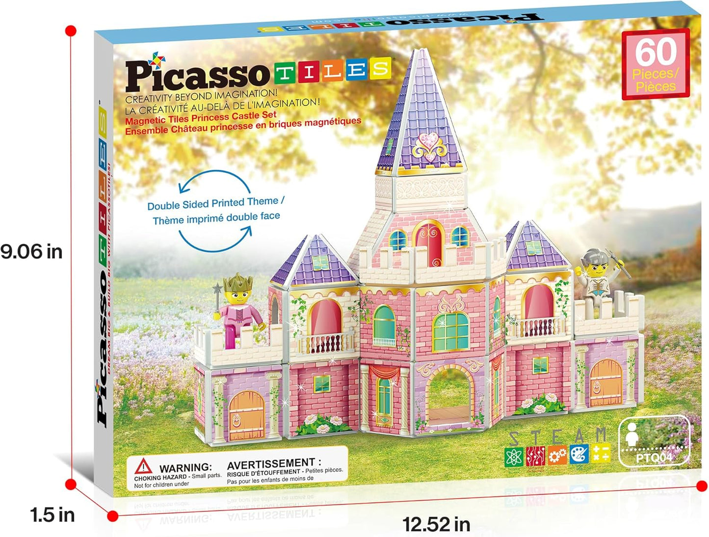 PicassoTiles 60pc Magnetic Tile Princess Castle Building Set with Double Sided Printed Tiles 2 Character Figures STEM Educational Toy Kit for Kids Pretend Play Montessori Learning Ages 3 to 8 PTQ04