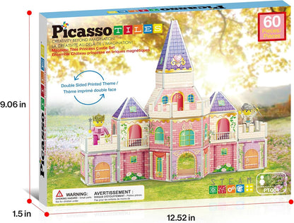 PicassoTiles 60pc Magnetic Tile Princess Castle Building Set with Double Sided Printed Tiles 2 Character Figures STEM Educational Toy Kit for Kids Pretend Play Montessori Learning Ages 3 to 8 PTQ04