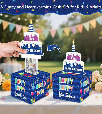 Birthday Money Box for Cash Gift Pull, Surprise Gift Boxes for Money, Money Holder Box with Pull Out Happy Birthday Card and 50Pcs Transparent Bags, Money Gift Ideas for Kids and Adults