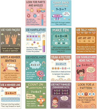 Funrous 14 Pcs Boho Mathematics Strategy Posters Educational Math Posters Counting Addition and Subtraction Math Manipulatives Bulletin Board Wall Decorations Supplies