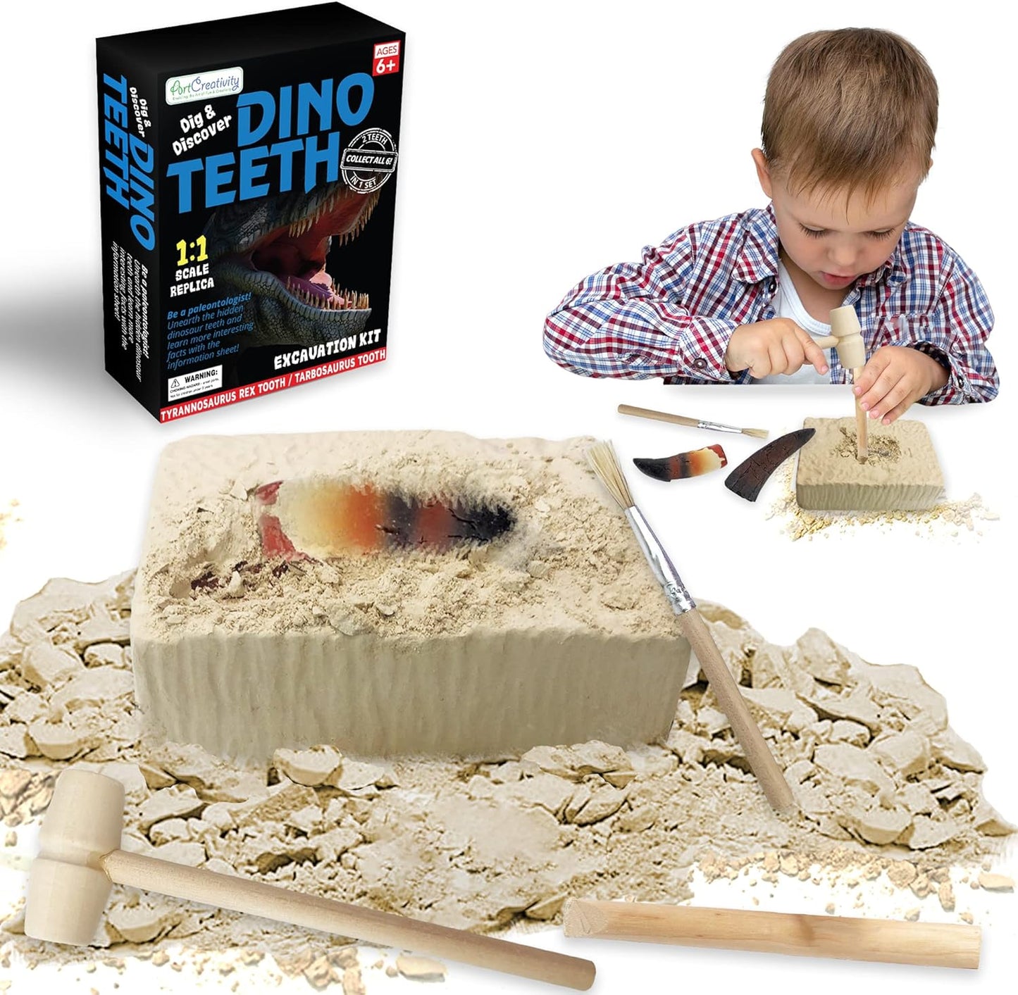 ArtCreativity Dino Teeth Dig and Discover Excavation Kit for Kids, Includes T-rex and Tarbosaurus Toy Fossil Teeth with 2 Digging Tools, Interactive Dinosaur Gifts for Boys and Girls