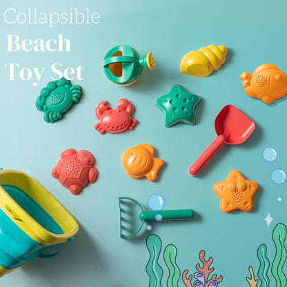 Sawaruita Beach Toys for Kids - Sand Toys Set Includes Collapsible Sand Bucket Shovel and Sand Rake Toy for Beach 12 PCS, Sandbox Toys Sandcastle Building Kit (A)
