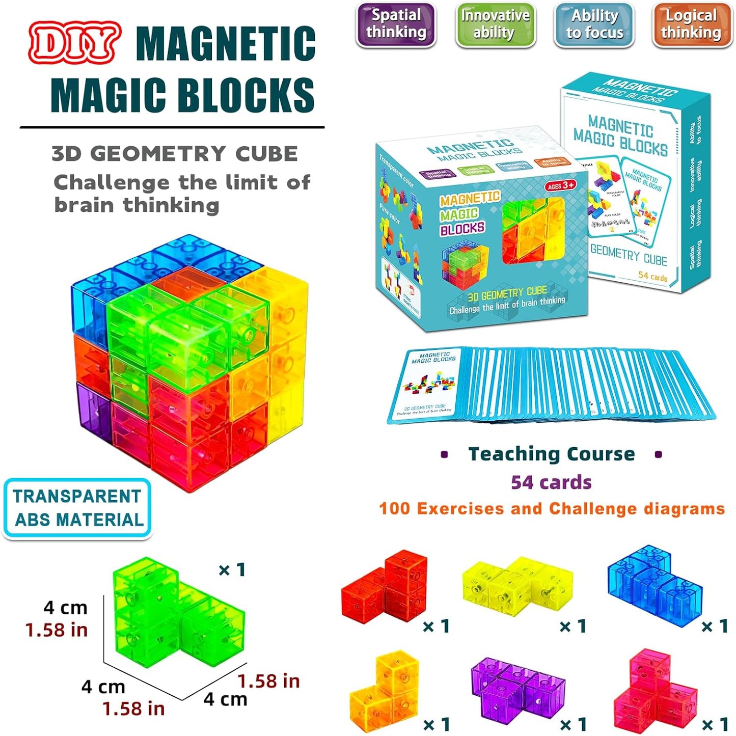 Magnetic Building Blocks Magic Magnetic 3D Puzzle Cubes, Set of 7 Multi Shapes Magnetics Blocks with 54 Guide Cards, Children's Educational Toys and Stress Relief Fidget Toys for Kids Adults