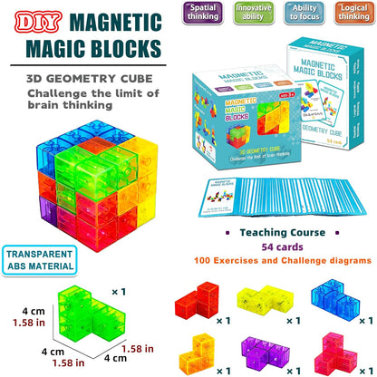 Magnetic Building Blocks Magic Magnetic 3D Puzzle Cubes, Set of 7 Multi Shapes Magnetics Blocks with 54 Guide Cards, Children's Educational Toys and Stress Relief Fidget Toys for Kids Adults