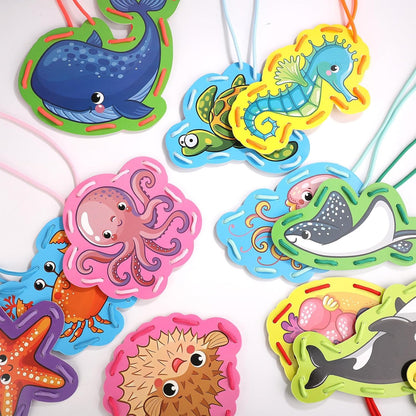 NQEUEPN 12pcs Lacing Cards for Kids, Double Sided Sea Animals Sewing Cards with 12 Colorful Laces Thickened Play and Learn Lacing Cards for Children Toddlers Developing Imagination Education Supplies