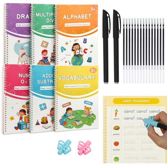 Magic Grooved Writing Practice for Kids Age 3-8, Reusable Grooved Handwriting Books, Tracing Workbooks with Disappearing Ink Pens & Grips, Preschool Learning Activities