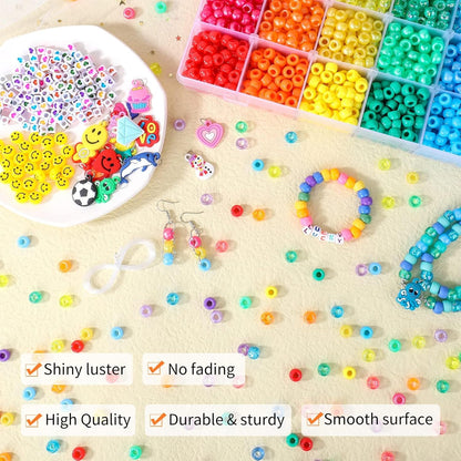 1720+pcs Pony Beads Kit 1830pcs 6 Style Letter Alphabet Beads Rainbow Plastic Pony Bead Bulk Multicolor Kandi Bead Elastic String DIY Crafts Jewelry Making Kit for Bracelets Necklaces