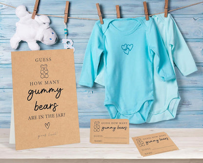 Minimalist Style How Many Gummy Bears Are In The Jar Baby Shower Games Set(1 Sign and 50 Cards), Gender Reveal Games, How Many Guessing Cards for Bear Babyshower, Gender Reveal Party Activities, 19