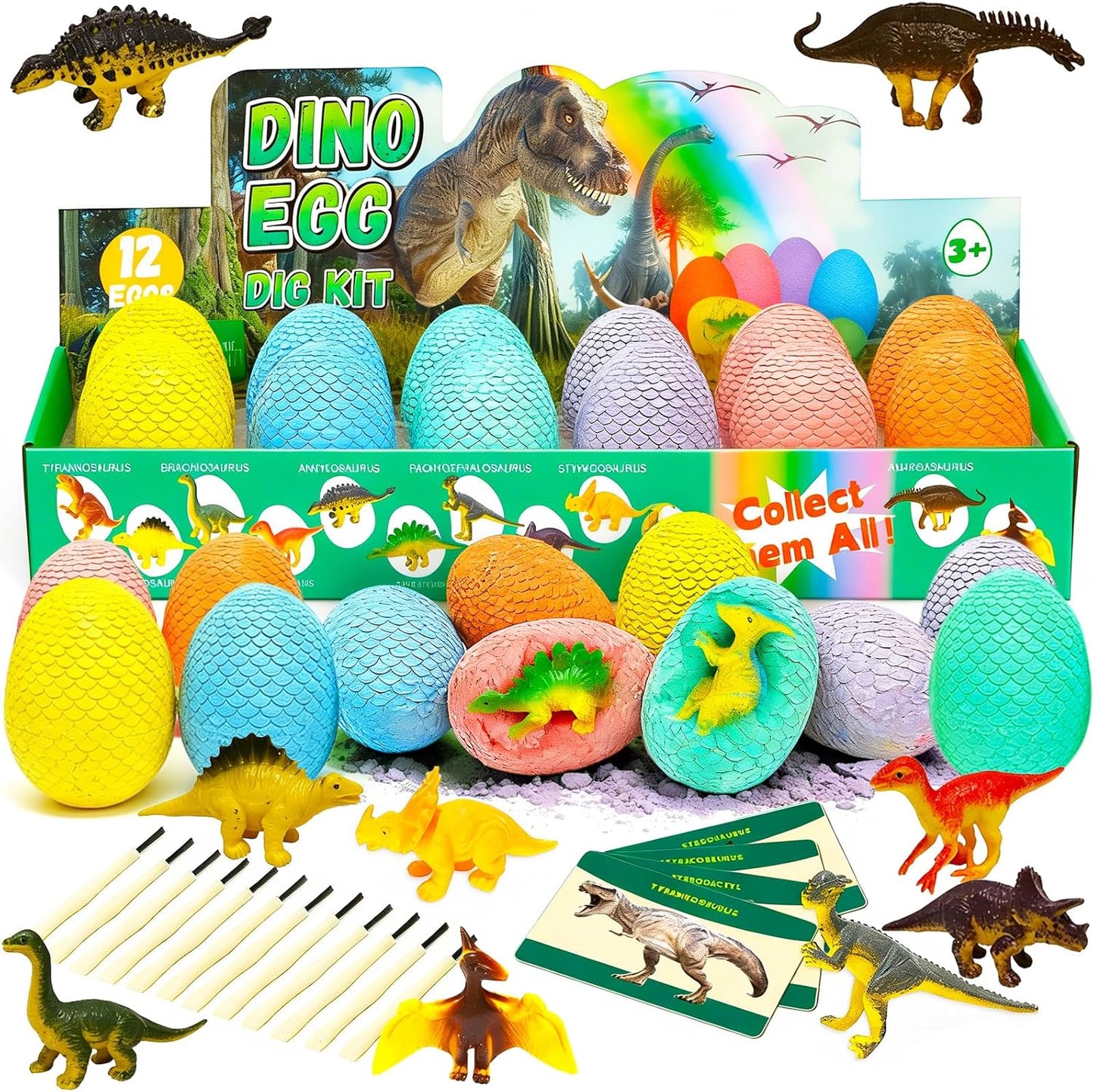 EXBEPE Dinosaur Eggs Excavation Dig Kit, 12 Fossilized Colorful Easter Dinosaur Egg with 12 Cards and 12 Dig Tools, Science Education STEM Toys for Boys & Girls Ages 3-12