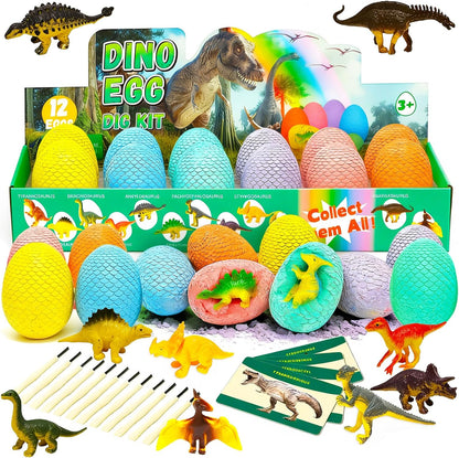 EXBEPE Dinosaur Eggs Excavation Dig Kit, 12 Fossilized Colorful Easter Dinosaur Egg with 12 Cards and 12 Dig Tools, Science Education STEM Toys for Boys & Girls Ages 3-12