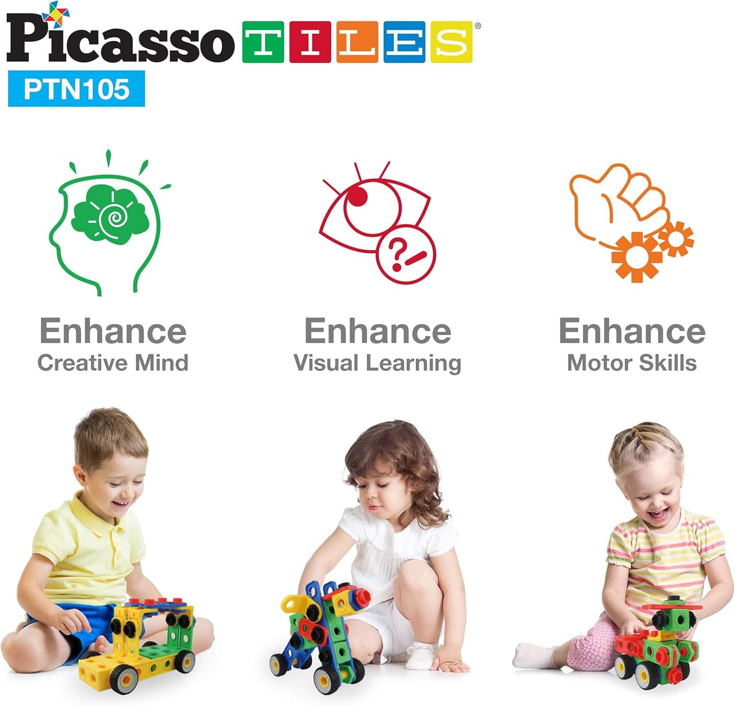 PicassoTiles 152pc STEM Construction Toy Building Set for Kids Ages 3+ Includes Power Drill, Ratchet, Idea Book, Storage Box Educational Engineering Science Kit & Sensory Toys for Boys & Girls PTN152