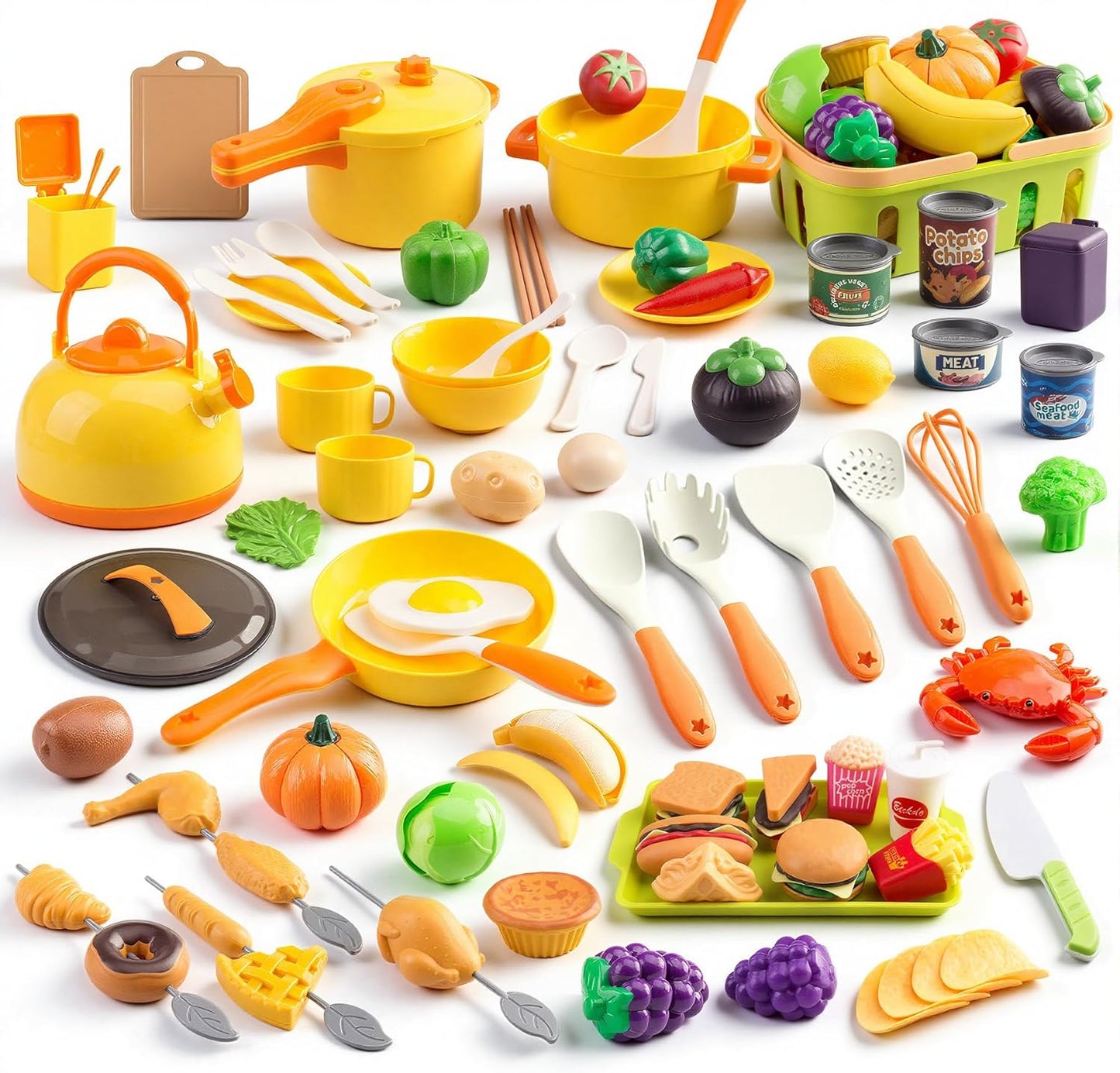 60Pcs Kids Mini Play Kitchen Accessories, Pretend Cooking Play Set with Cookware, Tableware & Fruit & BBQ Sets, Learning Gift for Boys, Girls, Toddlers,Yellow