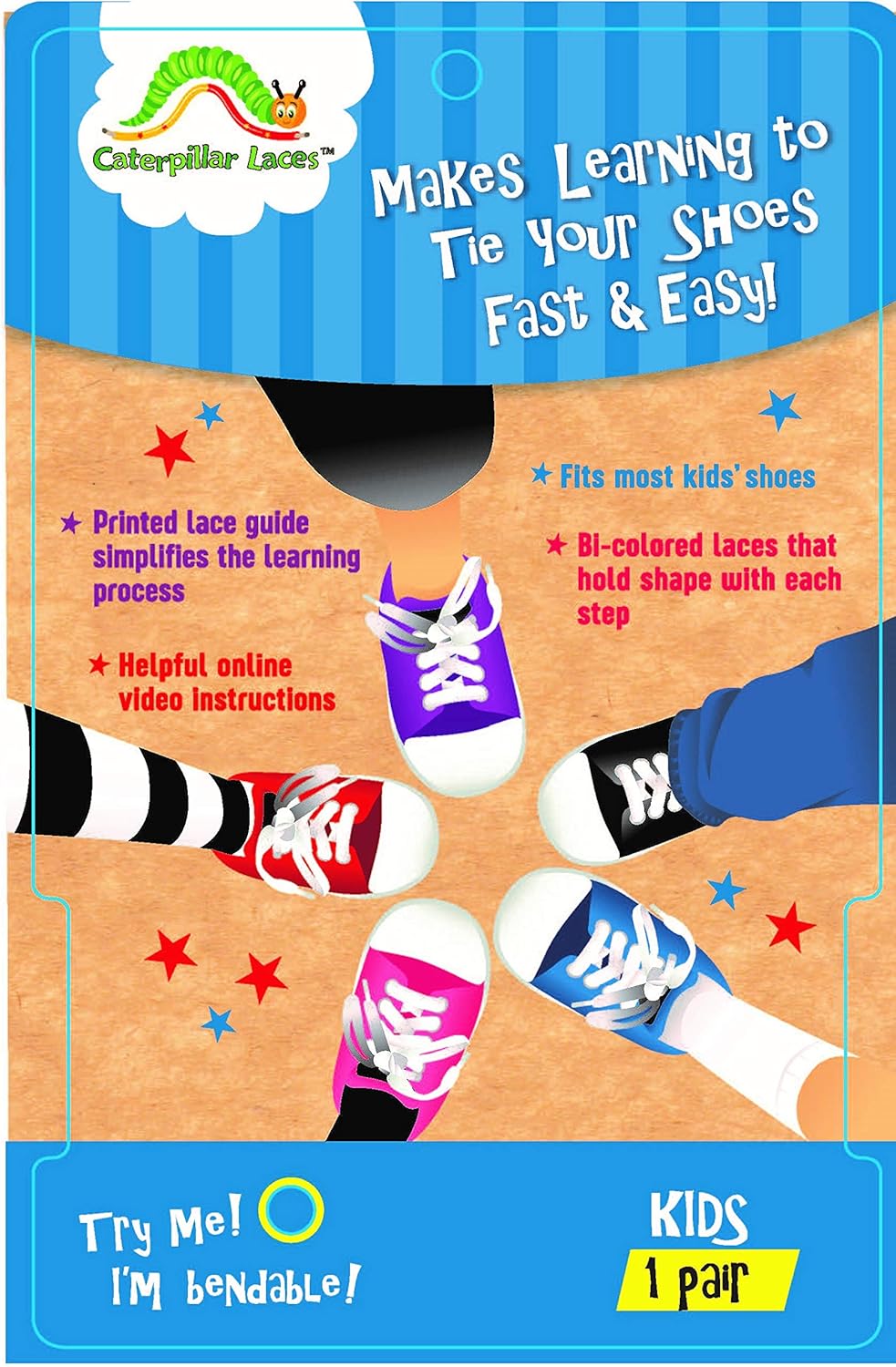 Caterpillar Shoe Laces - Learn to tie shoes fast and easy - Bi-colored, Holds Shape, Printed Guide (Laces Only)