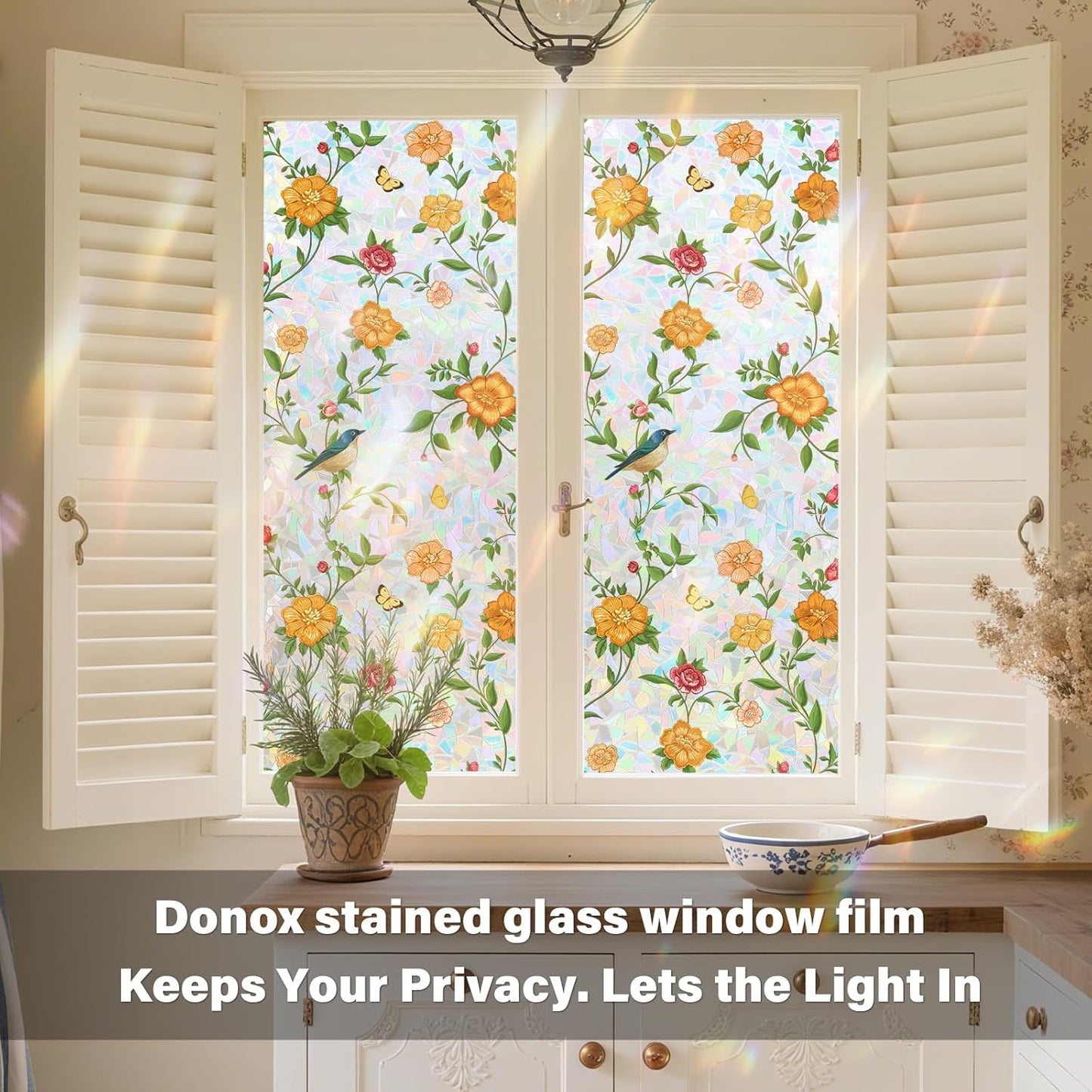 Donox Window Privacy Film Static Cling, Decorative Stained Glass Style Tint, Lotus Pattern with Rainbow Effect for Home and Office, UV Blocking No Glue Removable, 17.5 x 157.4 inches